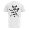 White T-shirt with a design on the back featuring two crossed hockey sticks, a hockey puck at the bottom, and the text 'Anti Cancer Fight Club' in bold black letters.
