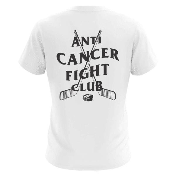 White T-shirt with a design on the back featuring two crossed hockey sticks, a hockey puck at the bottom, and the text 'Anti Cancer Fight Club' in bold black letters.