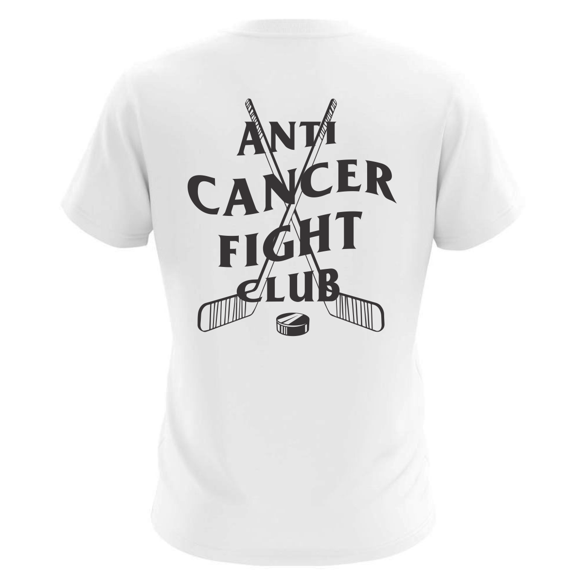 White T-shirt with a design on the back featuring two crossed hockey sticks, a hockey puck at the bottom, and the text 'Anti Cancer Fight Club' in bold black letters.