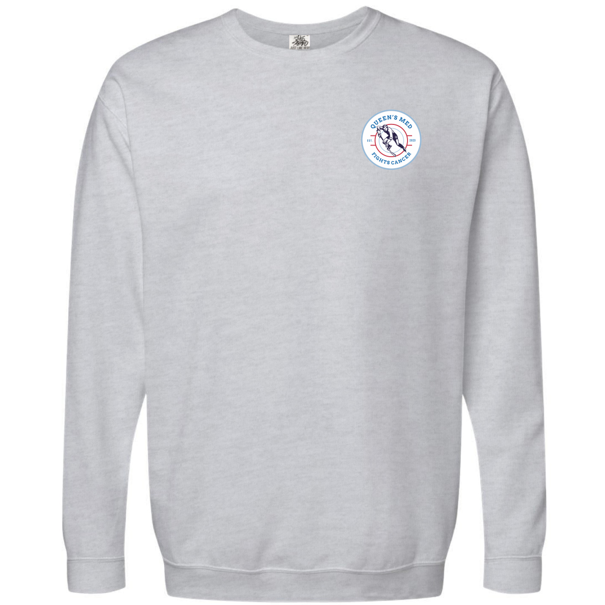 Just Like Hero 1020 55% Cotton 40% Polyester 5% Rayon ash grey sweatshirt featuring a colorful logo for Queen's Med Sports Camp on the upper left chest area. Ideal for casual wear and promoting team spirit.