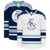 qmed_fights_cancer_hockey_jersey_product_picture Two hockey jerseys featuring the "QMED Fights Cancer" logo. One jersey is navy blue with white and light blue stripes, while the other is white with navy blue and light blue stripes. Both jerseys are designed to promote cancer awareness and support.