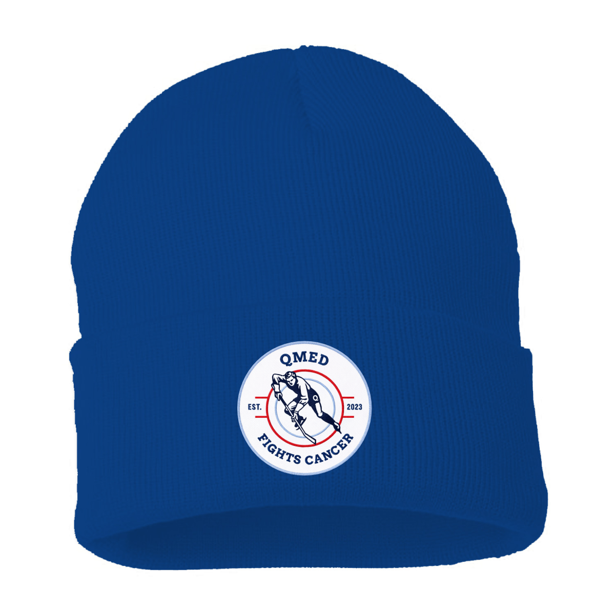 Blue knit beanie featuring the "QMED Fights Cancer" logo, established in 2023, designed to promote cancer awareness and support medical initiatives.