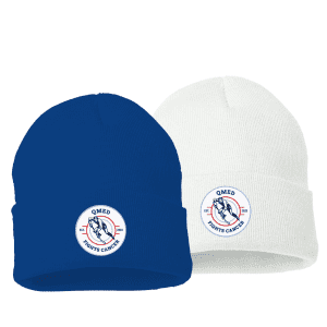 Blue and white beanies featuring the "QMED Fights Cancer" logo, designed to promote awareness and support for cancer initiatives. Perfect for cold weather and fundraising events.
