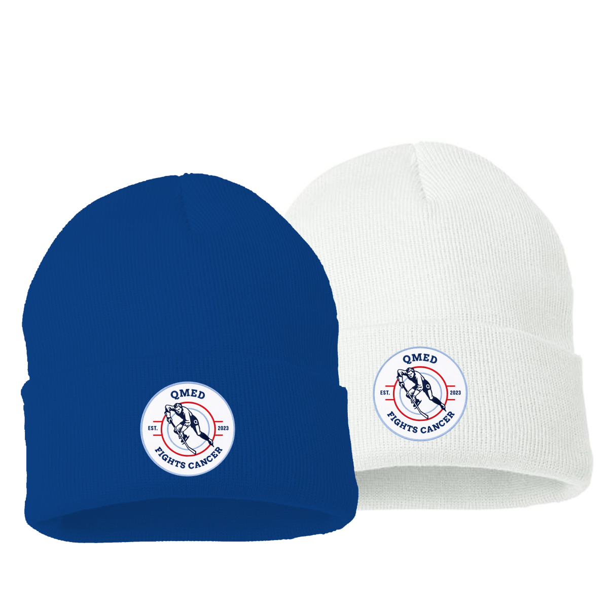 Blue and white beanies featuring the "QMED Fights Cancer" logo, designed to promote awareness and support for cancer initiatives. Perfect for cold weather and fundraising events.