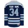 Back view of a navy blue and light blue hockey jersey with white stripes, featuring the text "YOUR NAME" and the number 34 in large white-edged light blue digits.