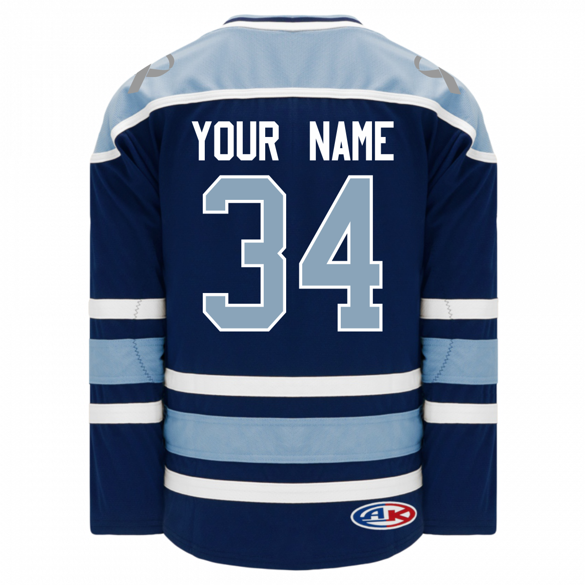 qmed_hockey_jersey_navy_back Back view of a navy blue and light blue hockey jersey with white stripes, featuring the text "YOUR NAME" and the number 34 in large white-edged light blue digits.