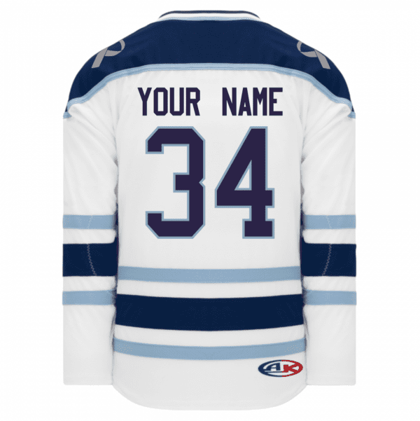 Customizable hockey jersey featuring a white base with navy blue and light blue stripes, personalized with the name "YOUR NAME" and the number "34" on the back. Ideal for fans looking to showcase their support for their favorite team.