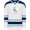 Athletic Knit H550B whitee hockey jersey featuring the "QMED Fights Cancer" logo, established in 2023, with navy,carolina blue and white stripes. Ideal for sports fans supporting cancer research initiatives.