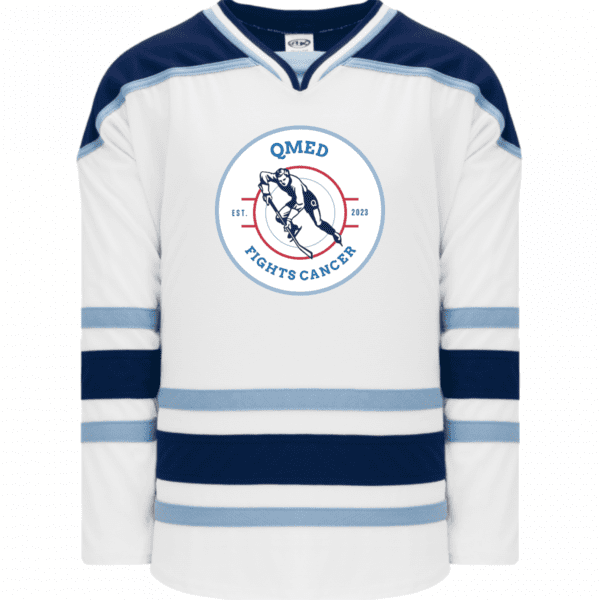 Athletic Knit H550B whitee hockey jersey featuring the "QMED Fights Cancer" logo, established in 2023, with navy,carolina blue and white stripes. Ideal for sports fans supporting cancer research initiatives.