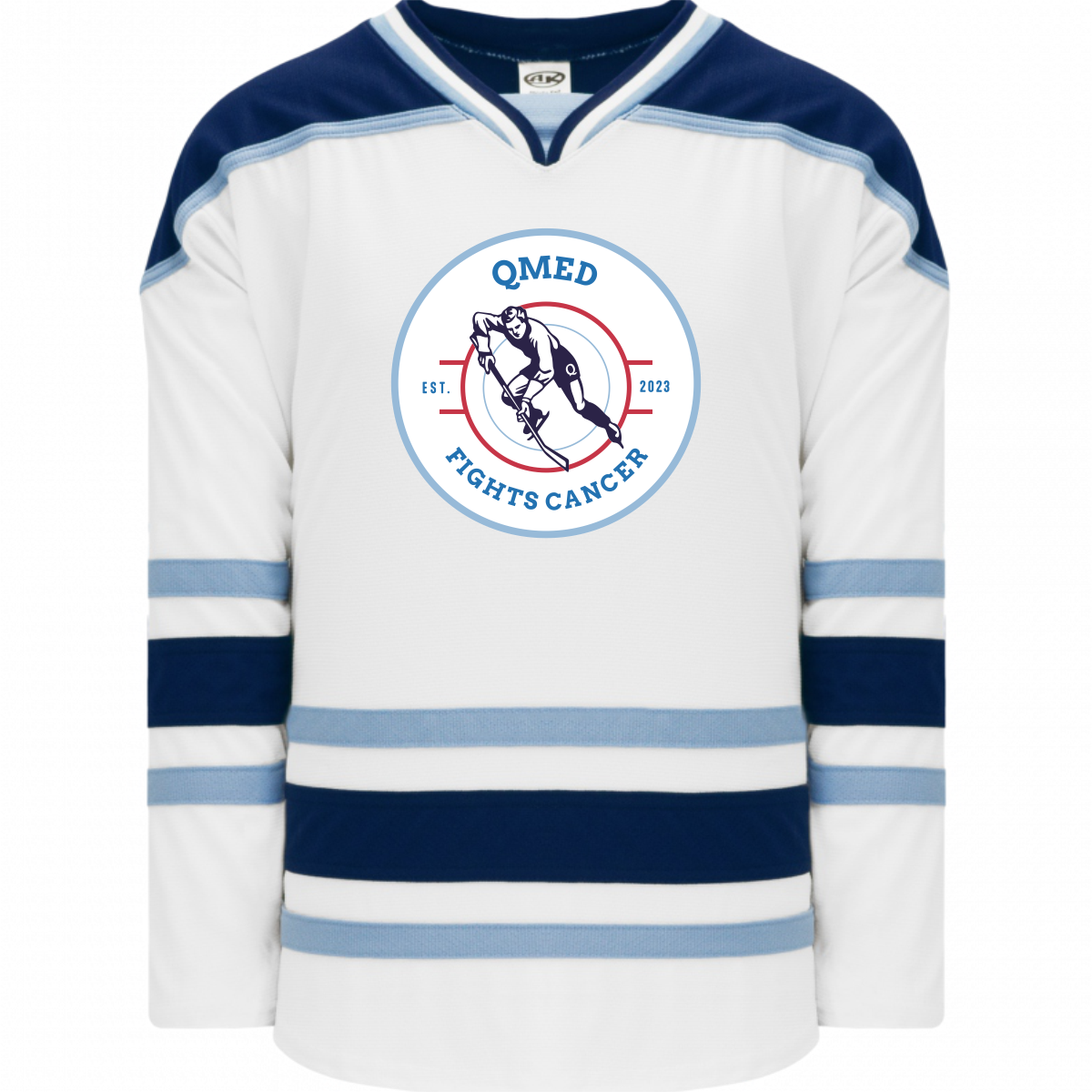 qmed_hockey_jerssey_front_white Athletic Knit H550B whitee hockey jersey featuring the "QMED Fights Cancer" logo, established in 2023, with navy,carolina blue and white stripes. Ideal for sports fans supporting cancer research initiatives.