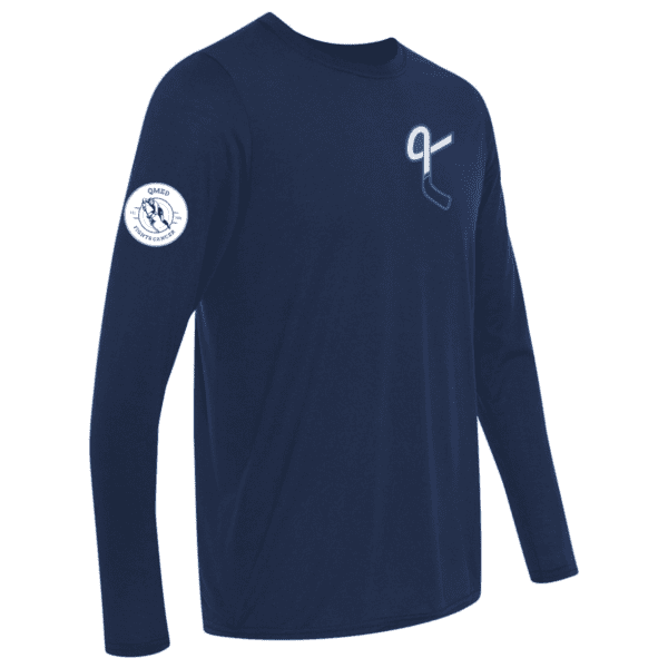 ATC 8015 100% ring spun cotton navy blue long-sleeve t-shirt featuring a hockey stick design on the front and a logo on the sleeve, ideal for sports fans and casual wear.
