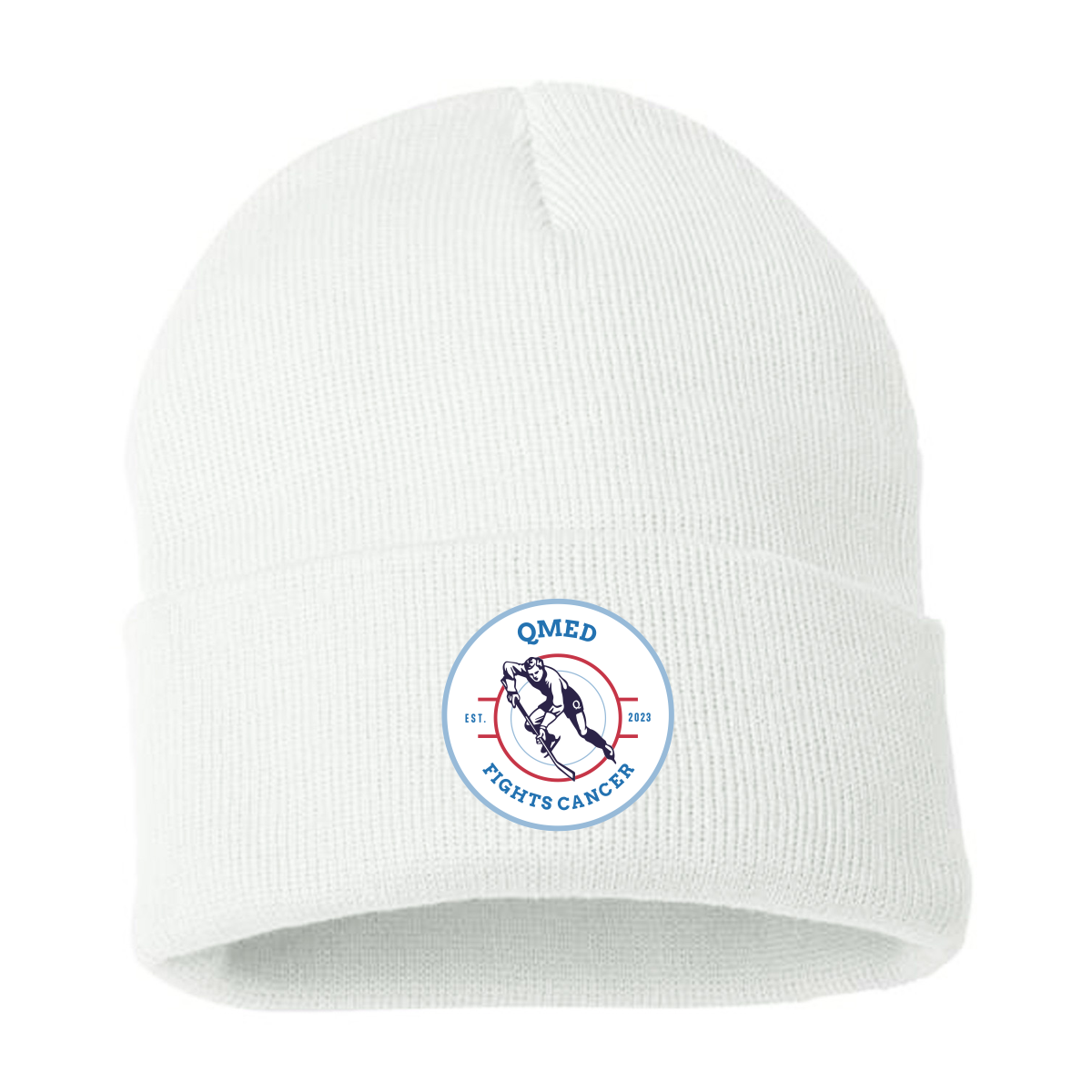 Sportsman SP12 12" 100% acrylic white cuffed beanie featuring the "QMED Fights Cancer" logo, established in 2023, symbolizing support for cancer awareness and fundraising efforts.