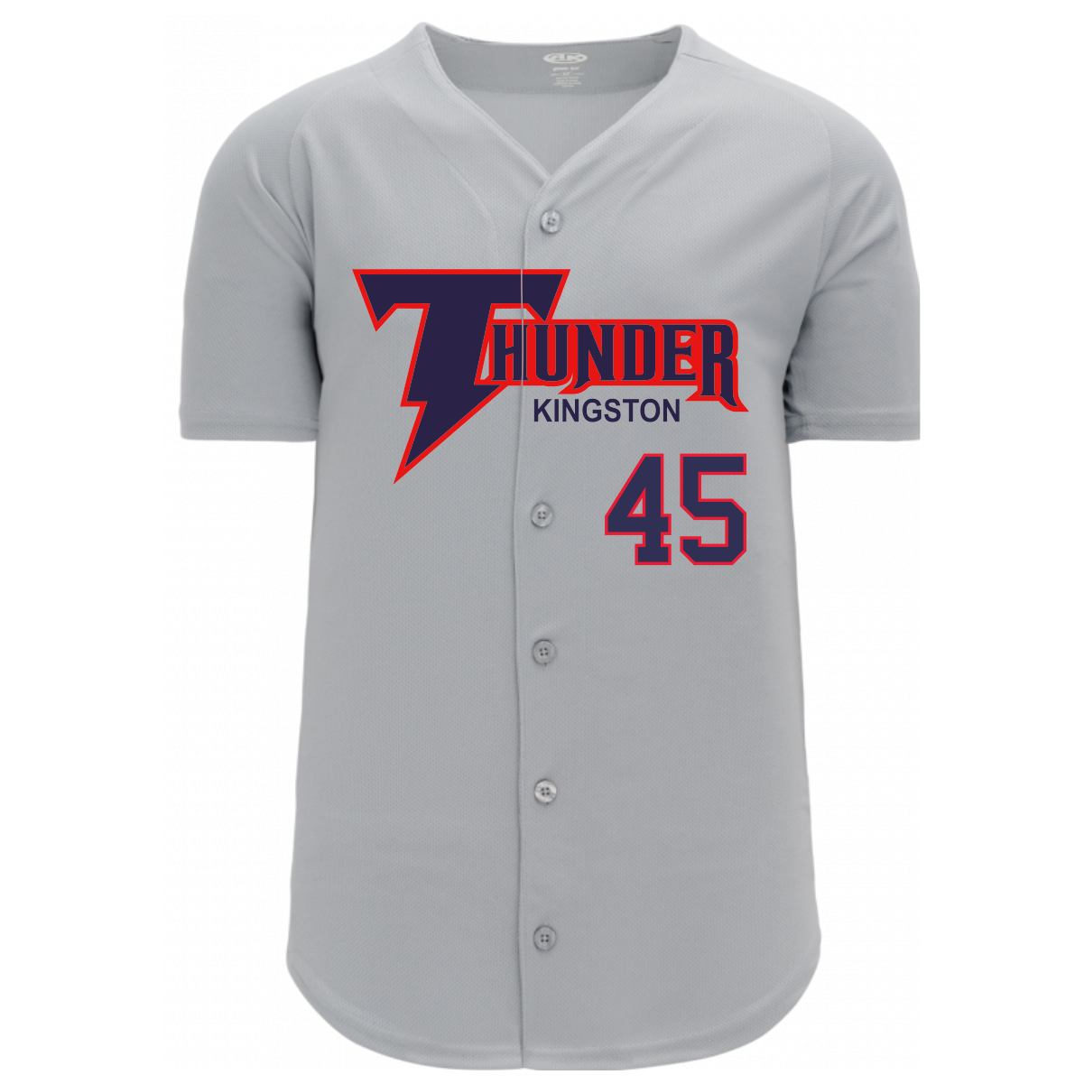 Gray button-up sports jersey with "Thunder Kingston" logo in navy and red on the chest and the number 45 in the same colors on the lower right side.