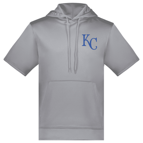 Light gray short-sleeve hoodie with a front kangaroo pocket and blue KC logo on the left chest