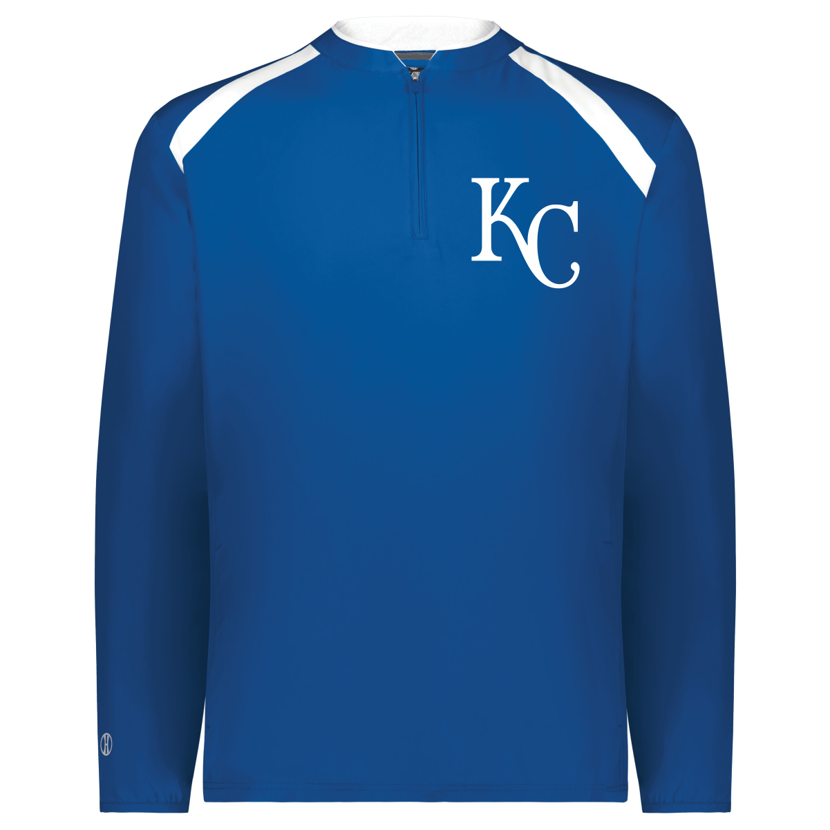 Blue long-sleeve athletic pullover with white shoulder accents and a white KC logo on the left chest