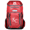 Red Russell Athletic Diamond Collection backpack with hexagonal pattern, featuring the number 25 at the top and the white interlocking KC logo below on the front pocket, with black and grey straps and mesh side pockets.