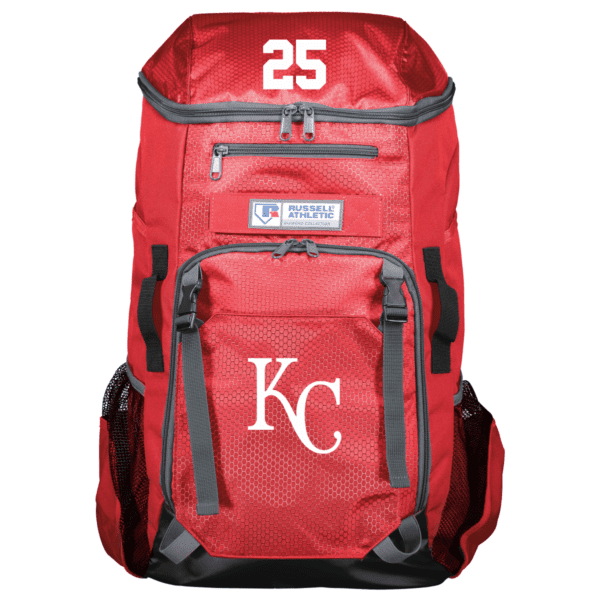Red Russell Athletic Diamond Collection backpack with hexagonal pattern, featuring the number 25 at the top and the white interlocking KC logo below on the front pocket, with black and grey straps and mesh side pockets.