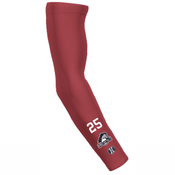 Maroon sports compression arm sleeve with the number 25 in white, a Kingston Colts logo featuring a horse and baseball, and a black and white circular H emblem near the wrist.