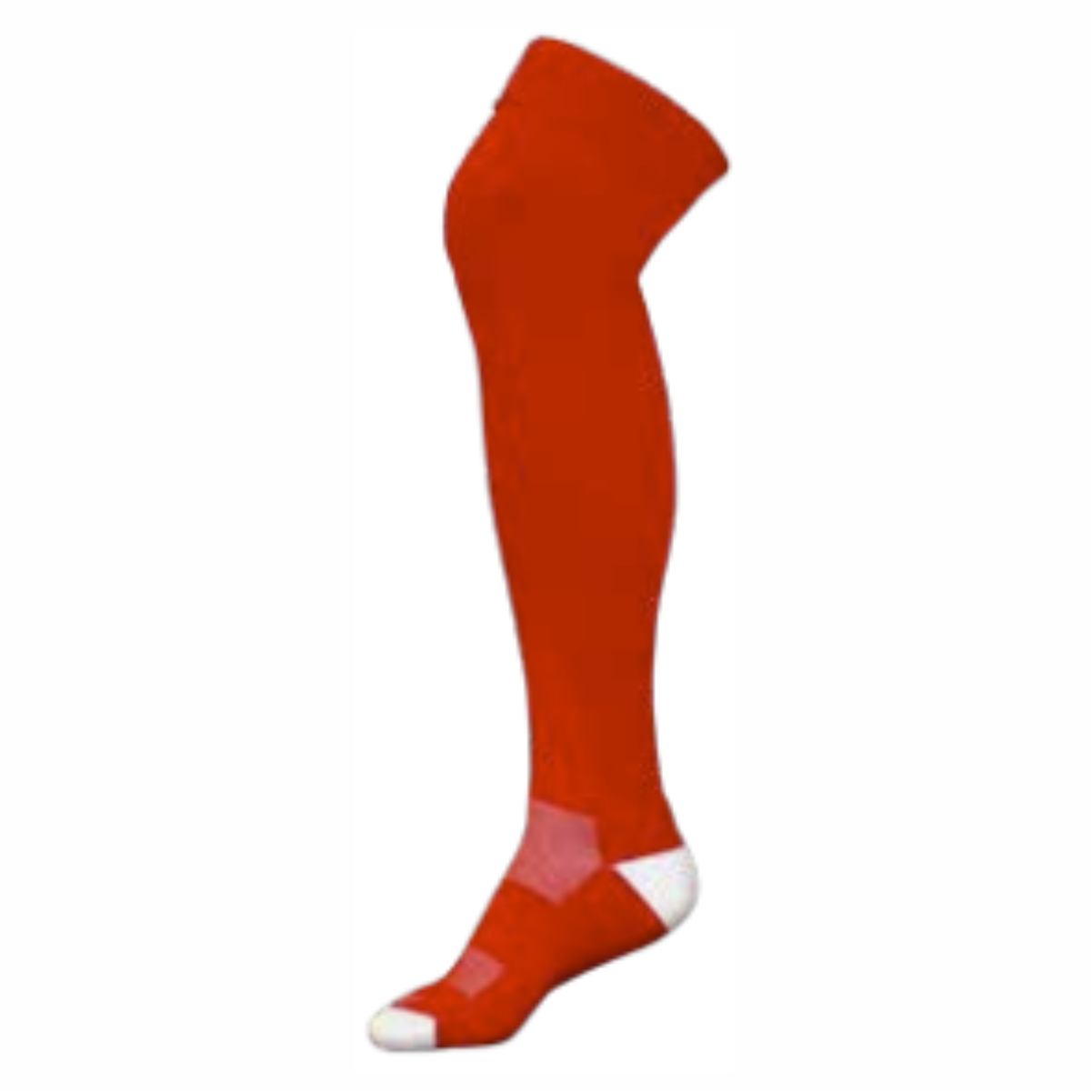 Red knee-high sports socks with white accents, designed for athletic performance and comfort. Ideal for soccer, basketball, and other sports activities.