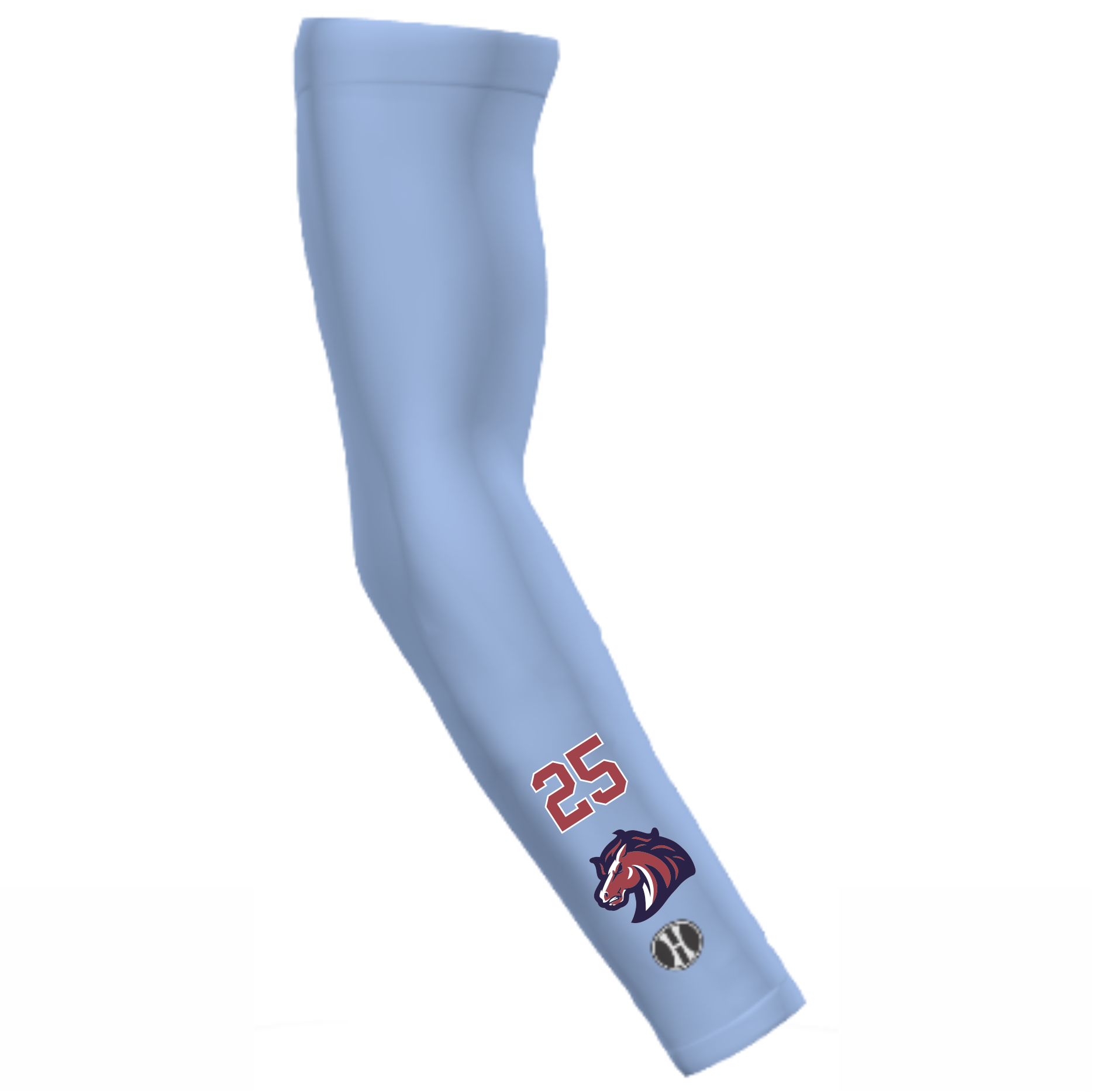 Light blue athletic leg sleeve featuring the number 25 in red and white, a stylized horse head logo, and a small circular emblem near the ankle area.