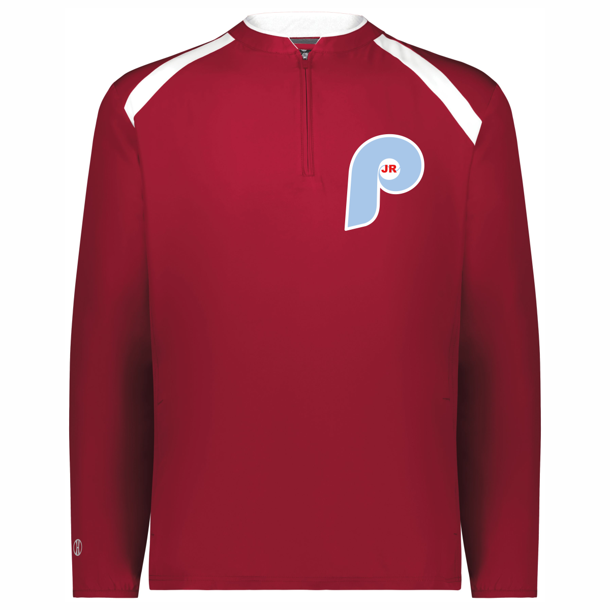 Maroon long-sleeve sports pullover with white accents on the shoulders and a light blue stylized Phillies logo containing red letters JR on the left chest.