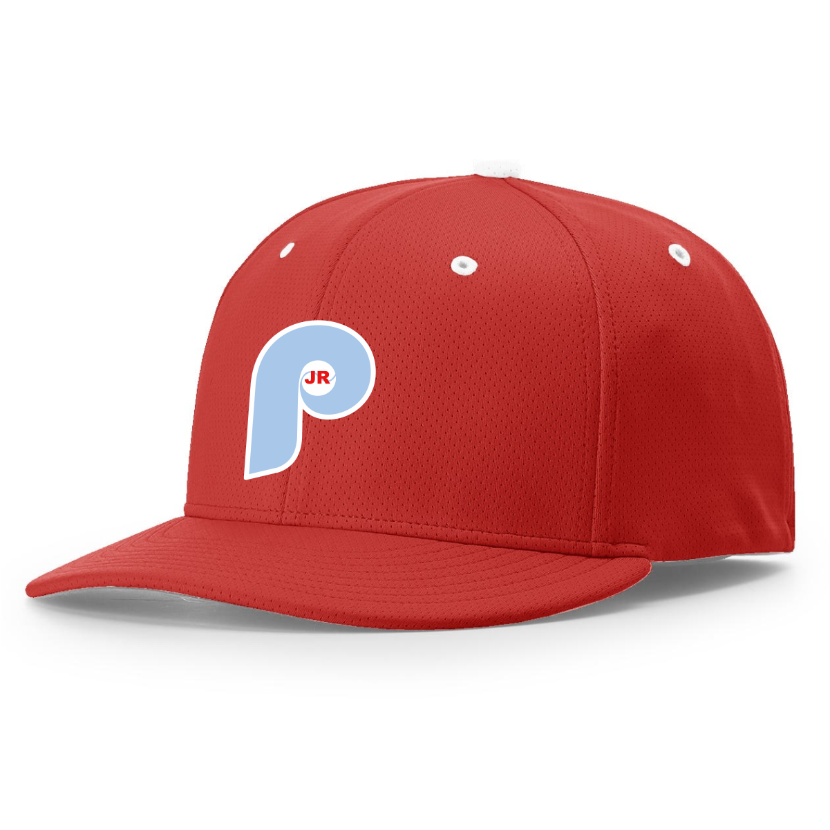 Red baseball cap with a light blue and white stylized "P" logo featuring the letters "JR" in red on the front panel.