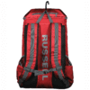 Red backpack with grey straps, black mesh padding, a zipper pocket on top, and the word RUSSELL printed vertically in grey on the back panel, hanging on a black hook.
