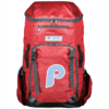 ponies_russell_bag_red_front Red Russell Athletic backpack with a hexagonal pattern, multiple zippered compartments, black mesh side pockets, and a light blue stylized 'P' logo with the number 25 in red on the front pocket.