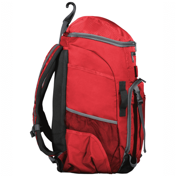 Red backpack with multiple compartments and mesh side pockets, designed for durability and comfort, featuring padded straps and a convenient hanging hook. Ideal for school, travel, or outdoor activities.