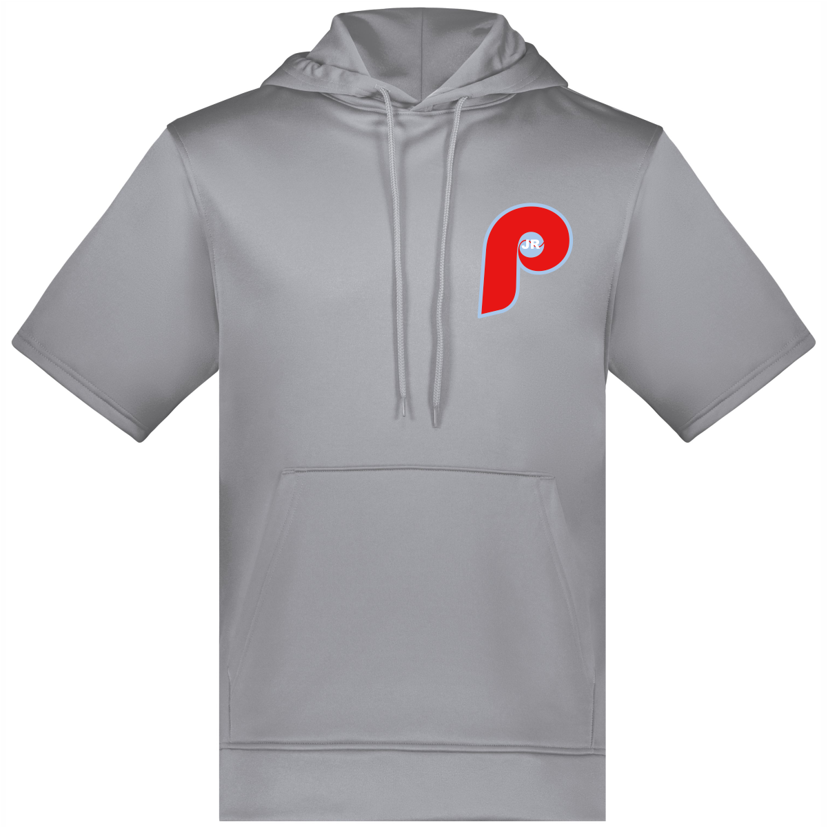 Gray short-sleeve hoodie with a red and blue Philadelphia Phillies logo on the left chest and a kangaroo pocket on the front