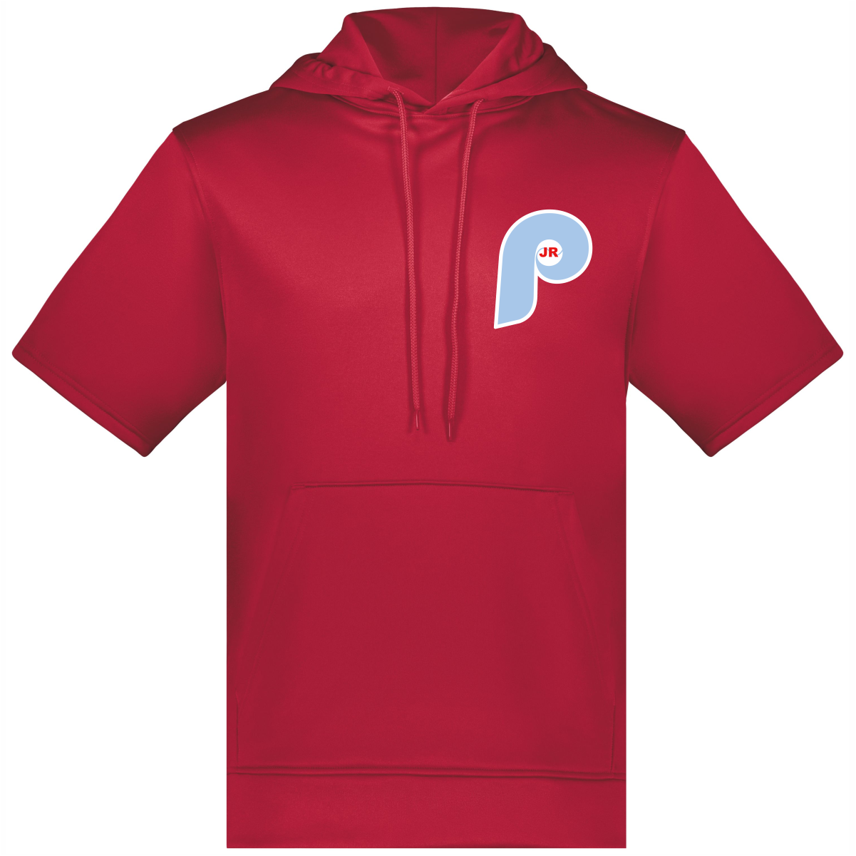 Red short-sleeve hoodie with a light blue abstract logo on the left chest that includes the letters JR in red.