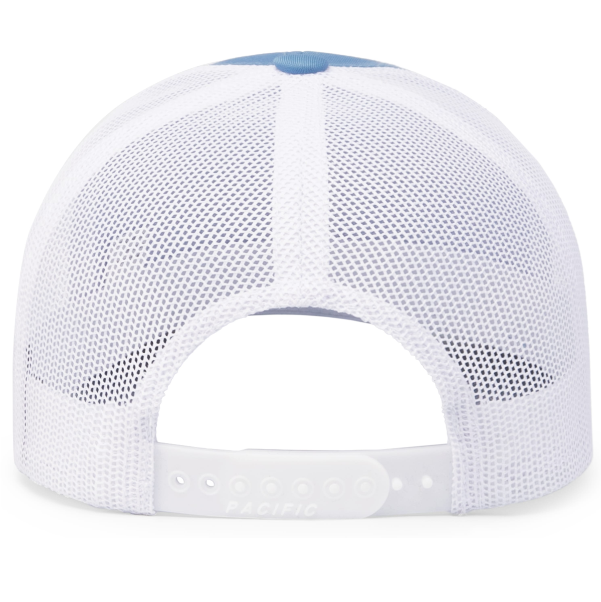 Back view of a white mesh baseball cap with an adjustable snap closure and a small blue button on top.