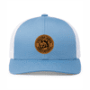 ponies_trucker_cap_front_caroliina Light blue and white mesh baseball cap with a circular brown leather patch on the front displaying a horse head illustration and text reading 'Kingston Junior Ponies Baseball'