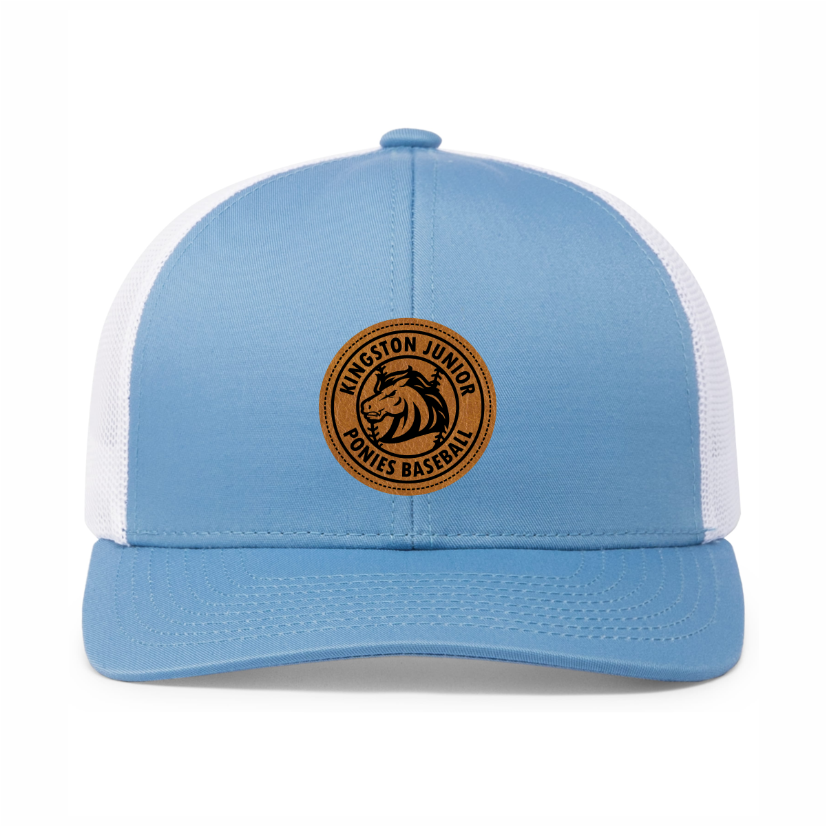 Light blue and white mesh baseball cap with a circular brown leather patch on the front displaying a horse head illustration and text reading 'Kingston Junior Ponies Baseball'