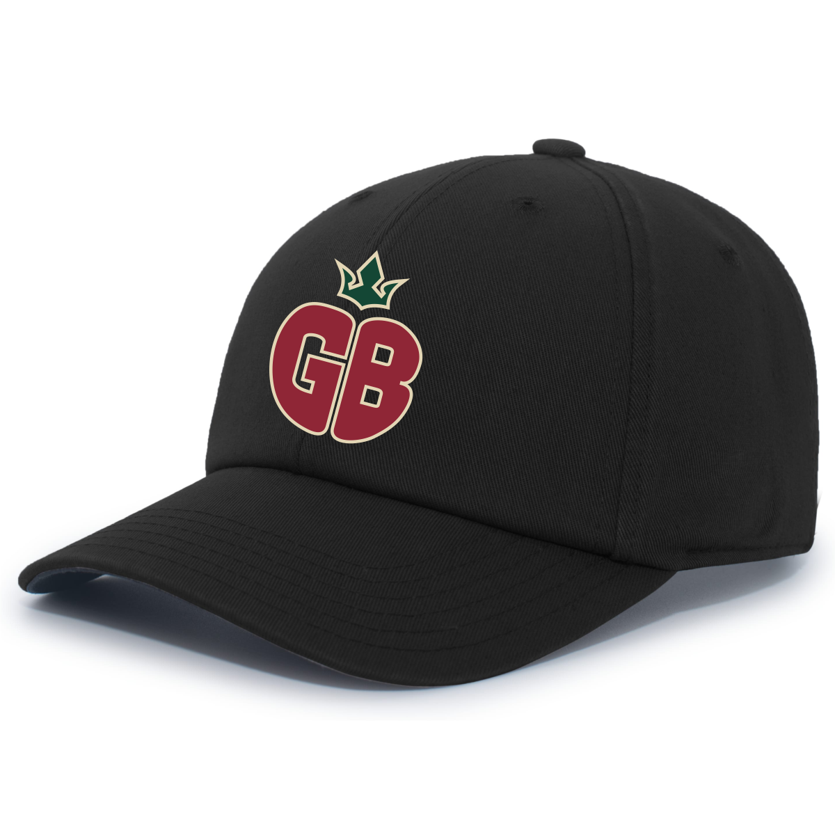 applekings_dad_cap_front Black baseball cap with a logo on the front featuring the letters 'GB' in bold red outlined in beige with a small green crown above the letters.