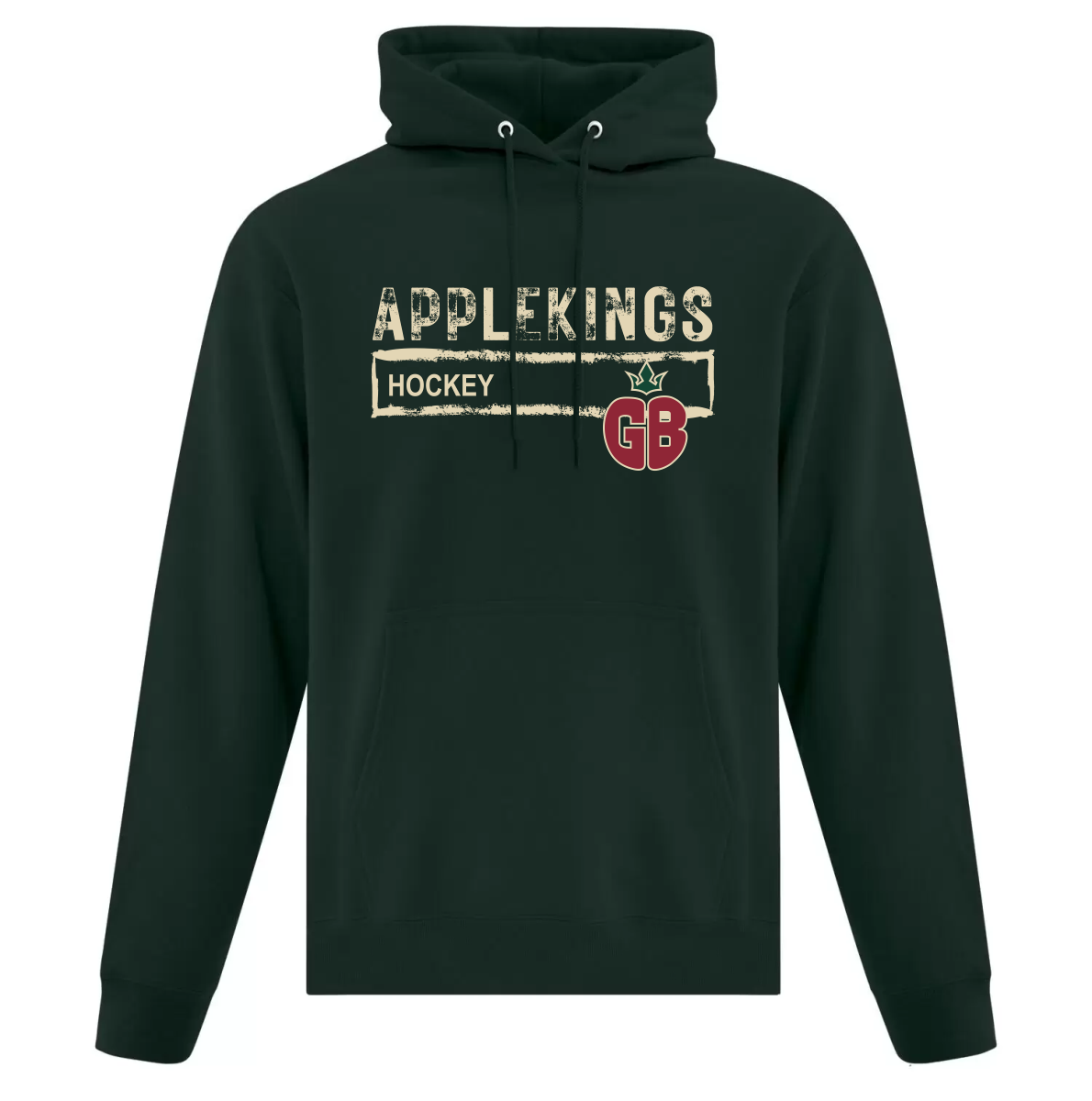Dark green hoodie with front kangaroo pocket and drawstrings, featuring distressed beige text that reads 'APPLEKINGS HOCKEY' and a red apple icon with the letters 'GB'