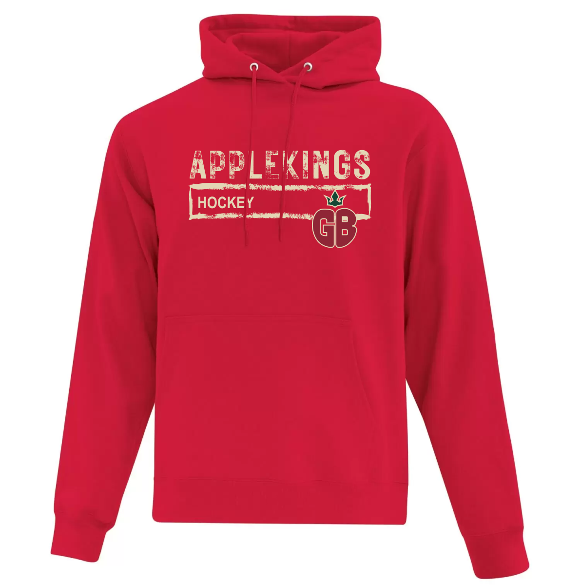 Red hoodie with a graphic design featuring the text 'APPLEKINGS HOCKEY' and a stylized apple with the letters 'GB' and a green crown on the front
