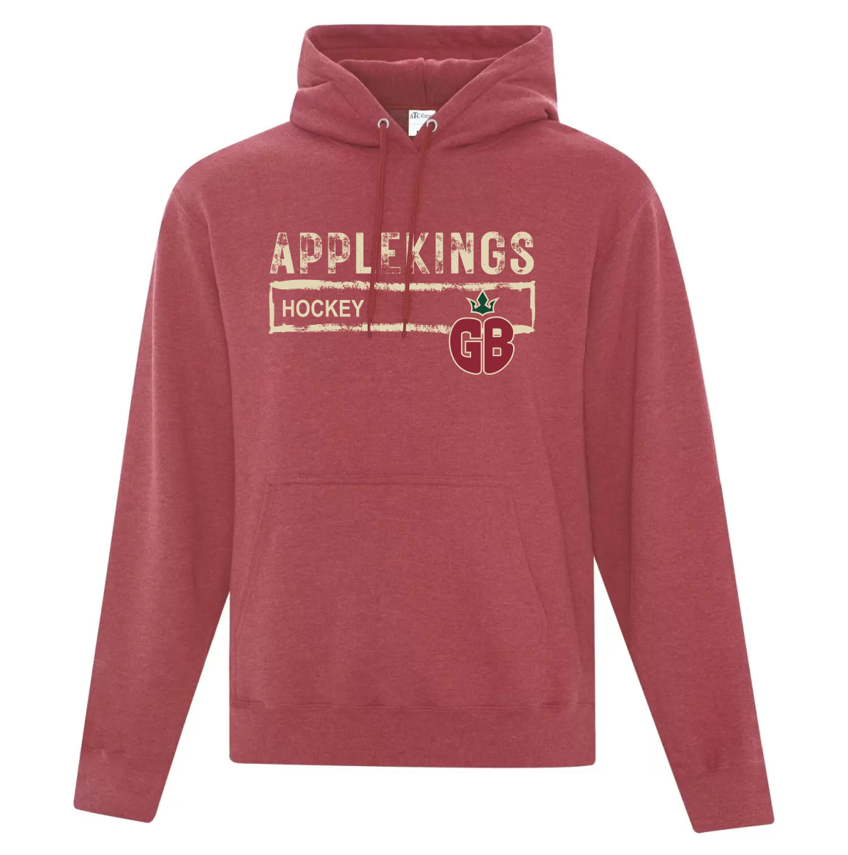 Red hooded sweatshirt with the text "APPLEKINGS HOCKEY" and a logo combining letters GB inside an apple shape on the front