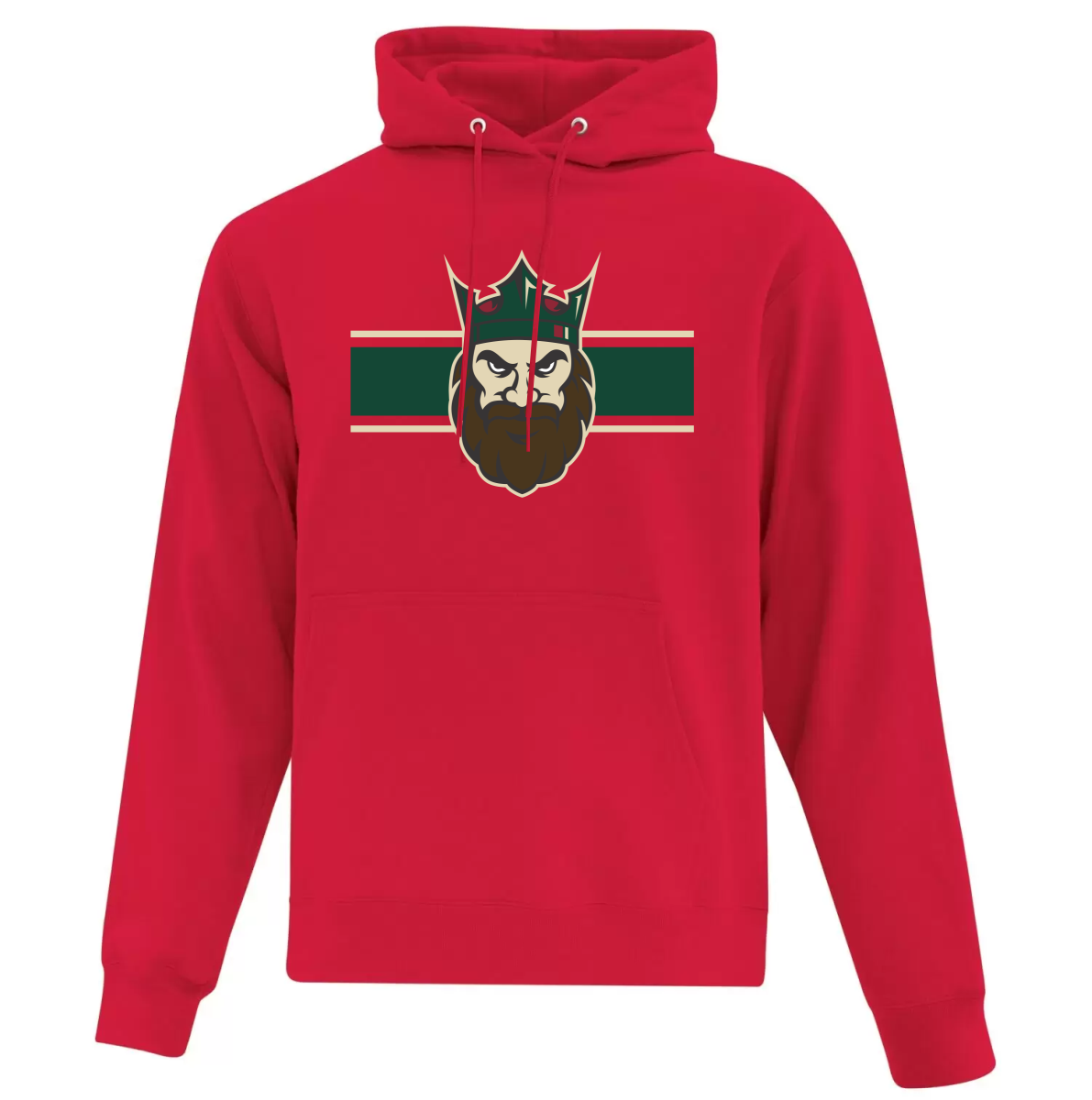Red hooded sweatshirt with graphic of a bearded man's face wearing a crown, centered on a dark green and beige horizontal stripe background.
