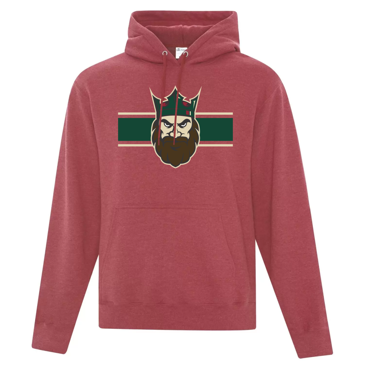 Red hooded sweatshirt featuring a graphic of a bearded king's face wearing a crown, set against a dark green rectangular background with beige horizontal stripes.