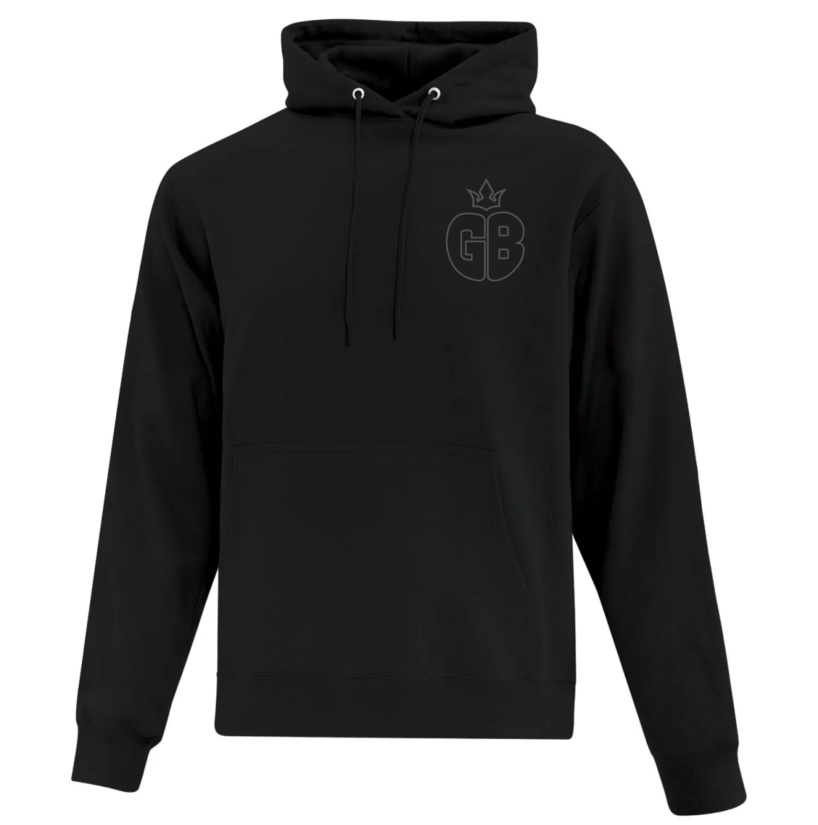 Black hooded sweatshirt with a subtle gray logo featuring the letters GB topped with a crown on the left chest.