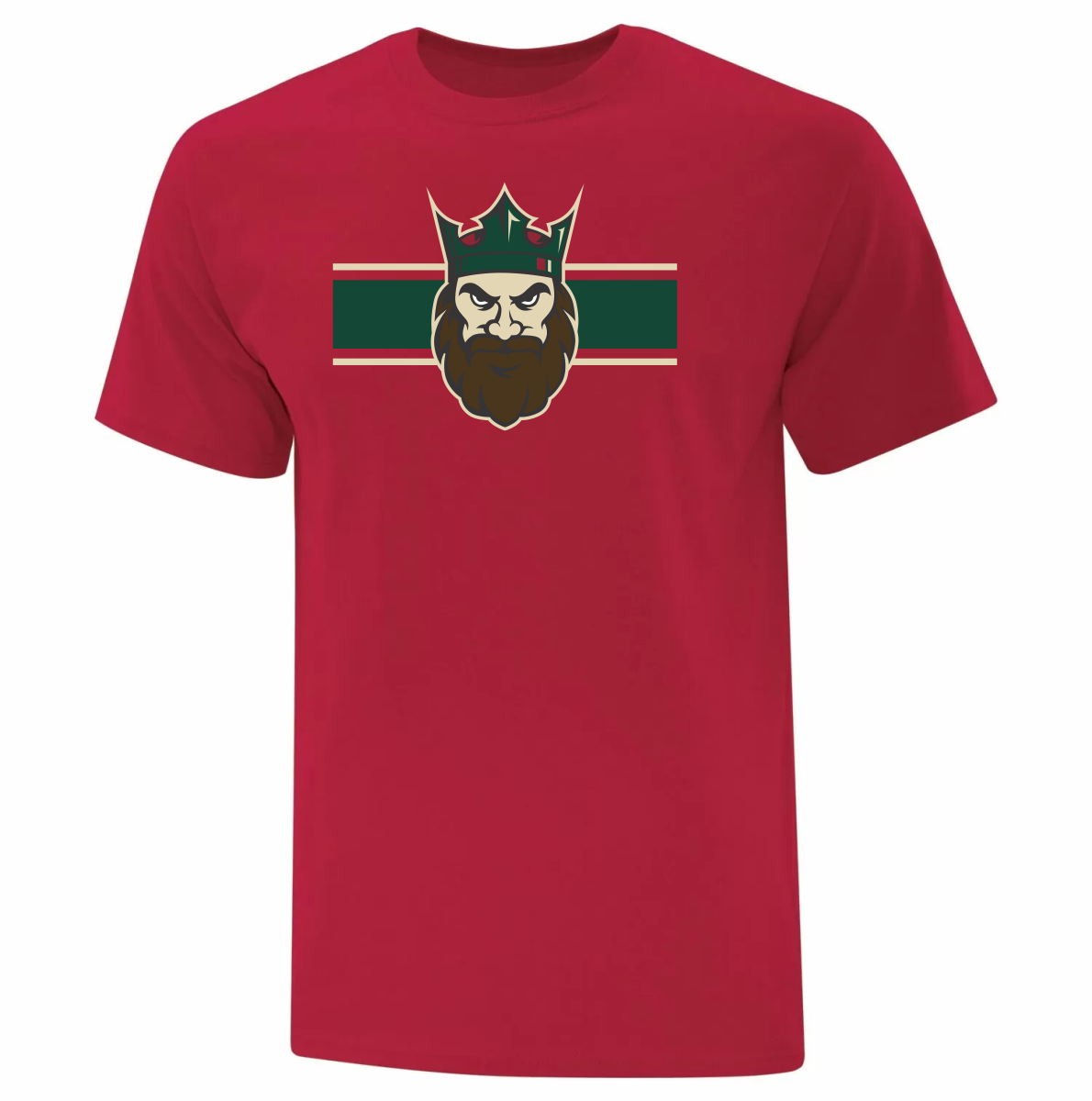 Red t-shirt featuring a graphic of an angry king's head with a beard and crown centered over a dark green horizontal stripe framed by two beige lines.