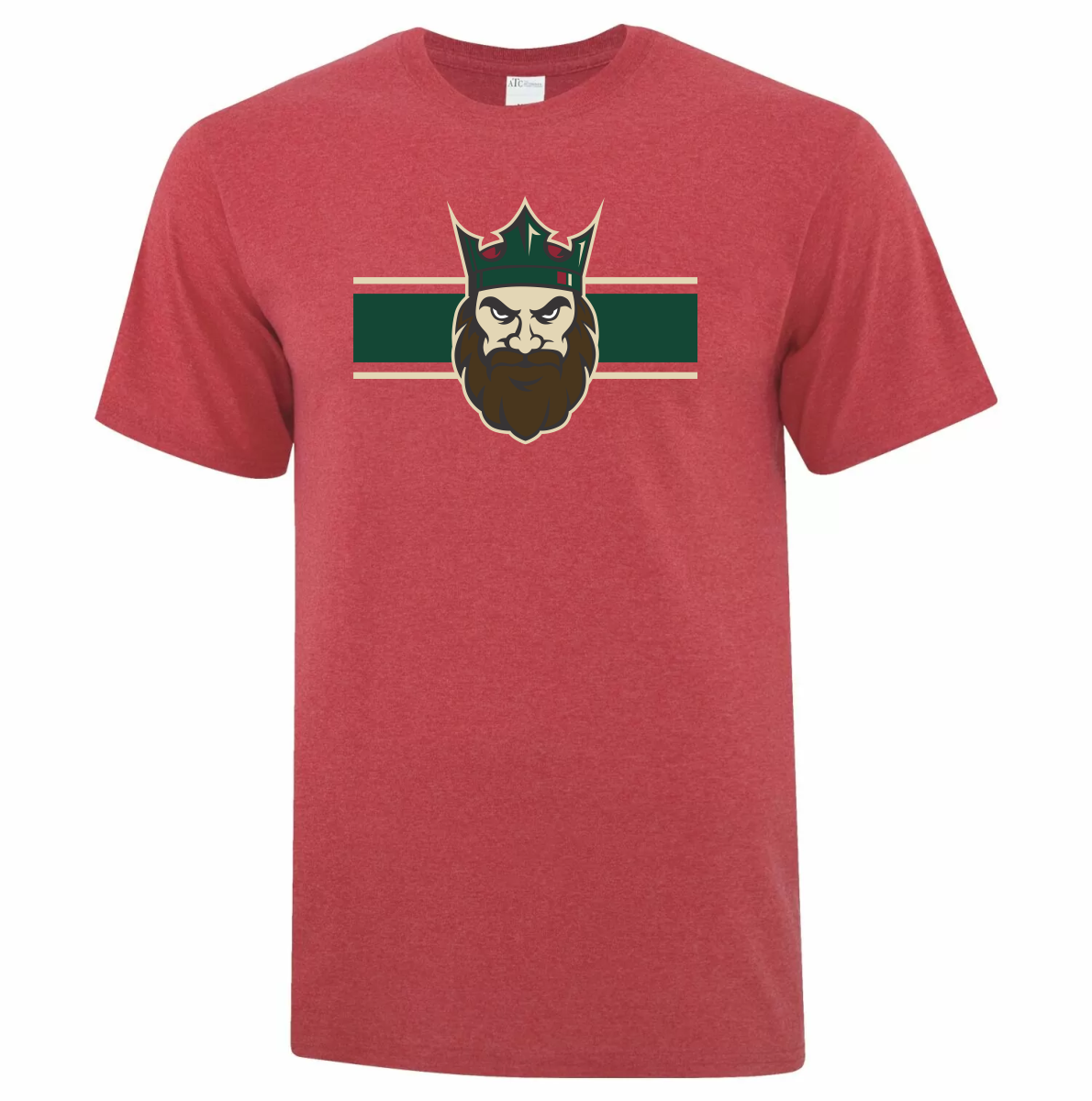 Red T-shirt featuring a graphic of a bearded man's face wearing a crown centered over a dark green and beige horizontal stripe on the chest.