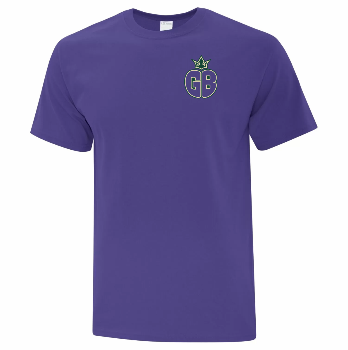 Purple short-sleeve t-shirt with a small logo on the left chest featuring the letters GB and a crown design above them.