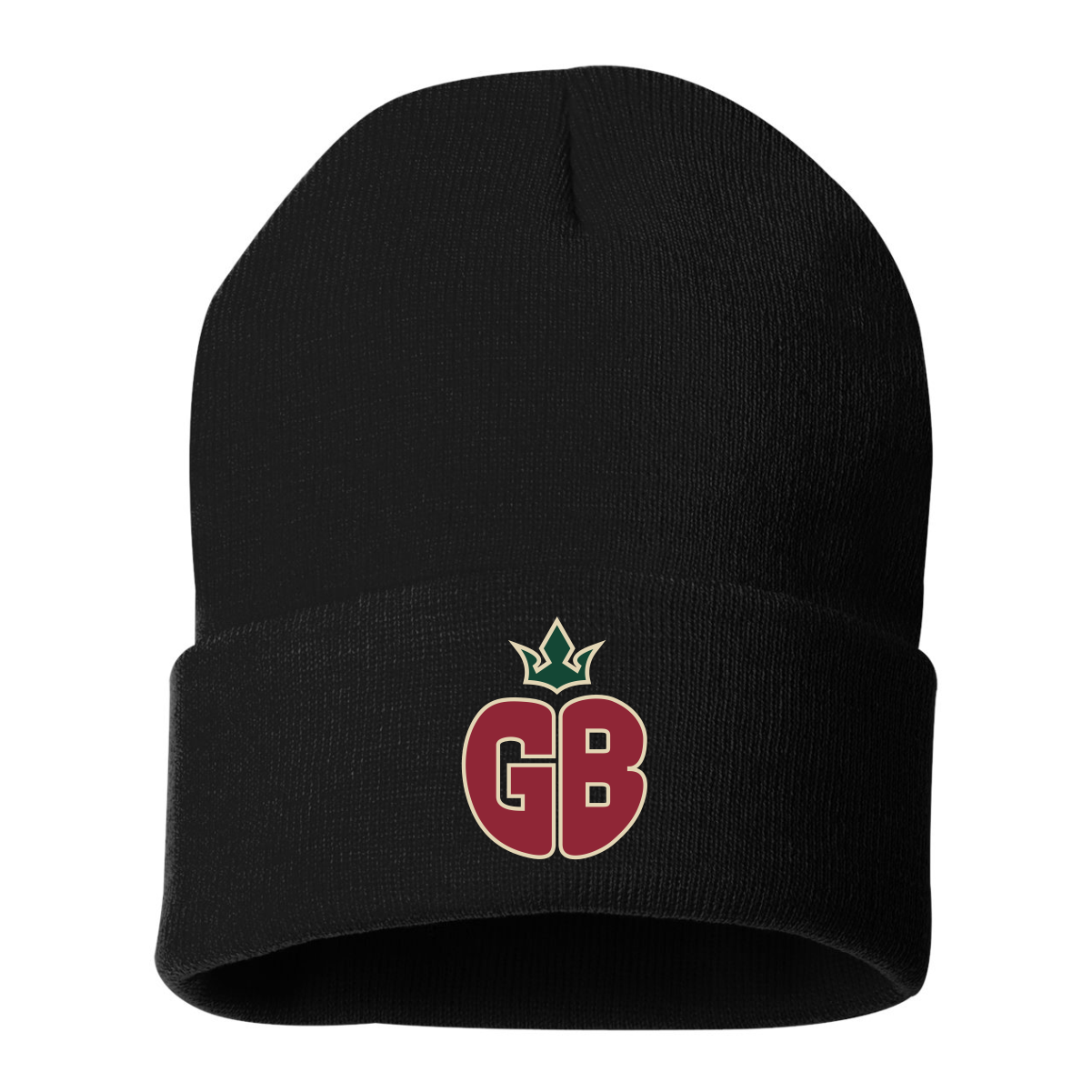 applekings_toque Black knit beanie with a maroon and green logo featuring the letters 'GB' topped with a crown shape