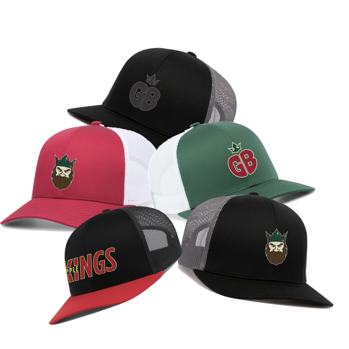 A collection of five stylish trucker hats featuring various designs, including a black hat with "GB" logo, a burgundy and white hat with a bearded king logo, a green hat with "GB" logo, and a black hat with "KINGS" text. Perfect for casual wear and showcasing personal style.