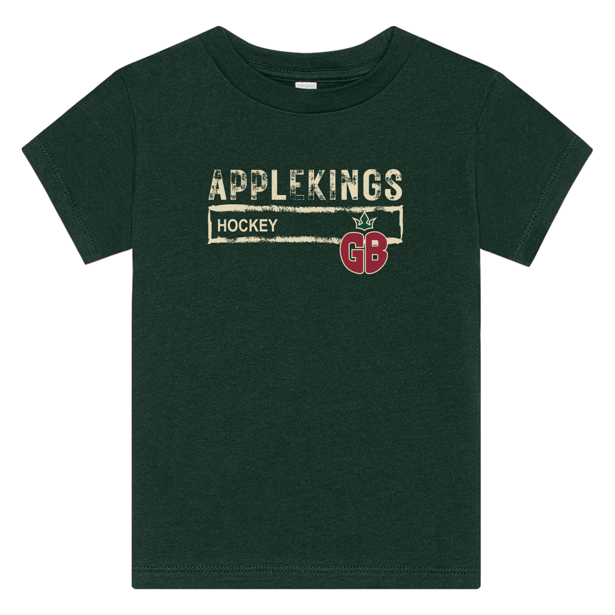 bella_canvas_toddler-tshirt_forest Dark green short-sleeve t-shirt with text "APPLEKINGS HOCKEY" and a graphic of a red apple with "GB" on it, centered on the chest.