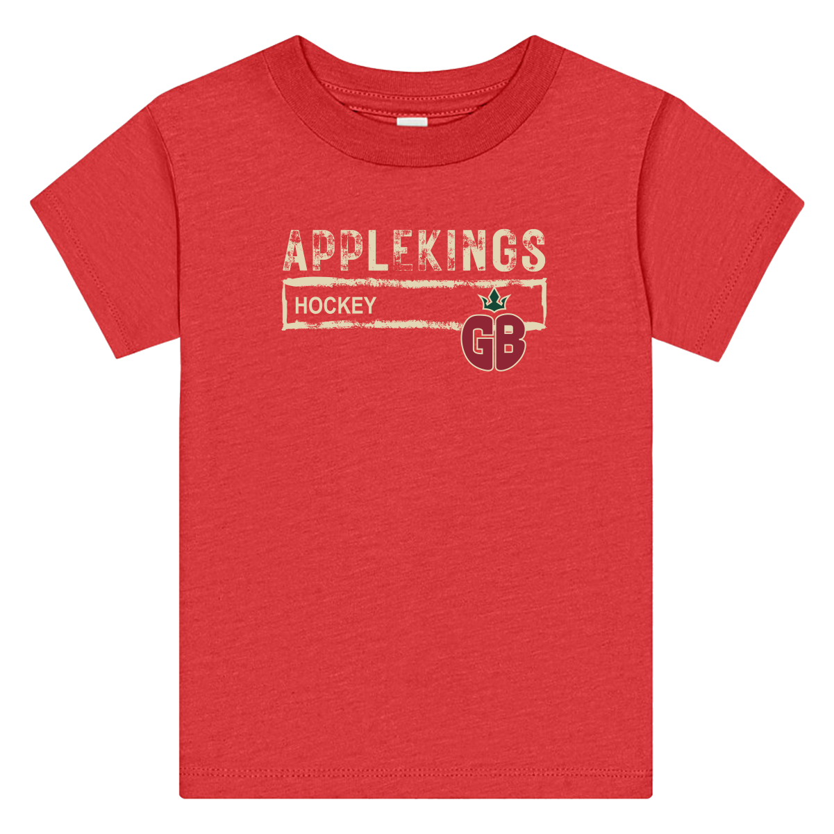 bella_canvas_toddler-tshirt_red Red children's T-shirt with a distressed-style print reading 'APPLEKINGS HOCKEY GB' with an apple graphic next to the letters GB.