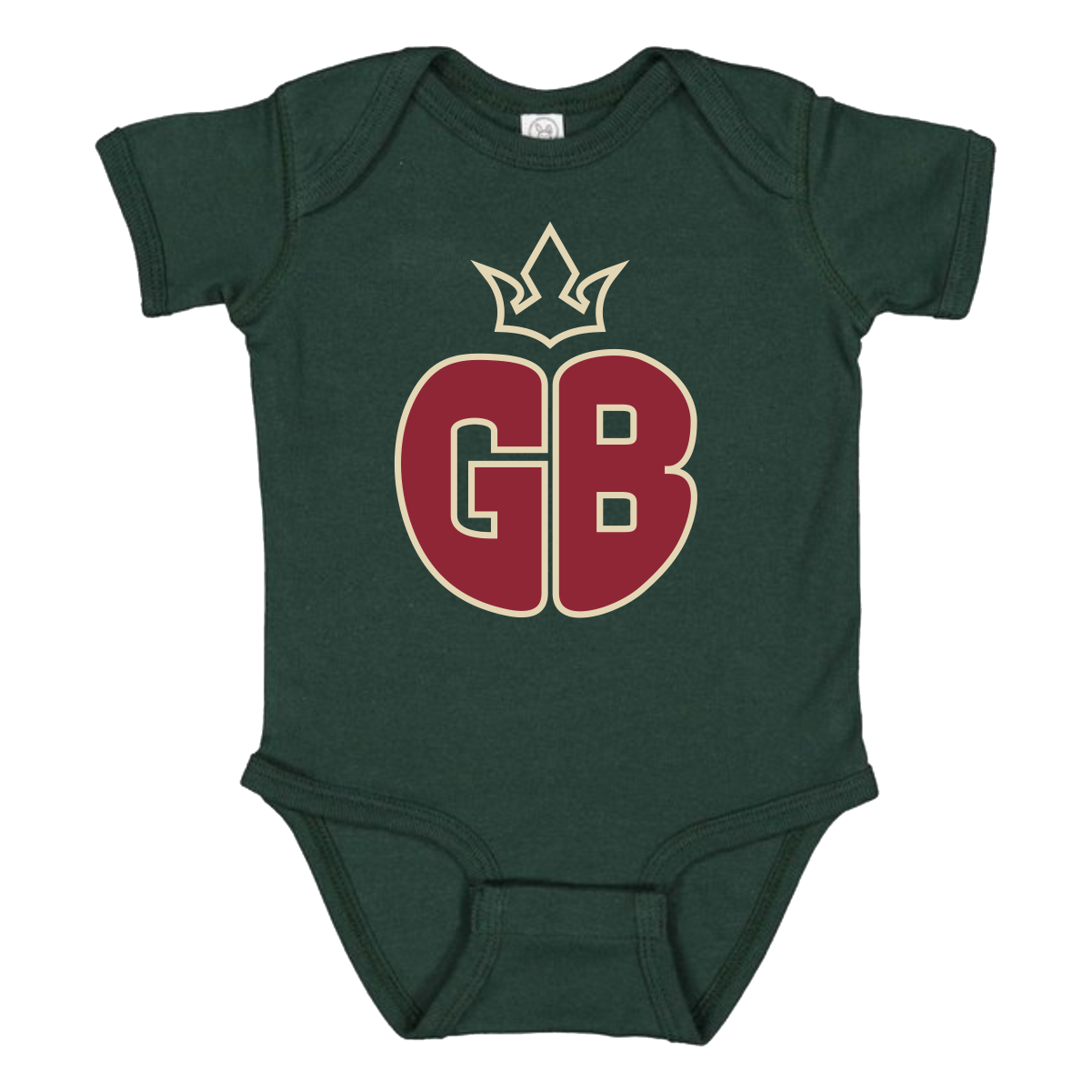 Dark green baby onesie featuring large maroon letters "GB" outlined in beige with a beige crown symbol above the letters on the chest