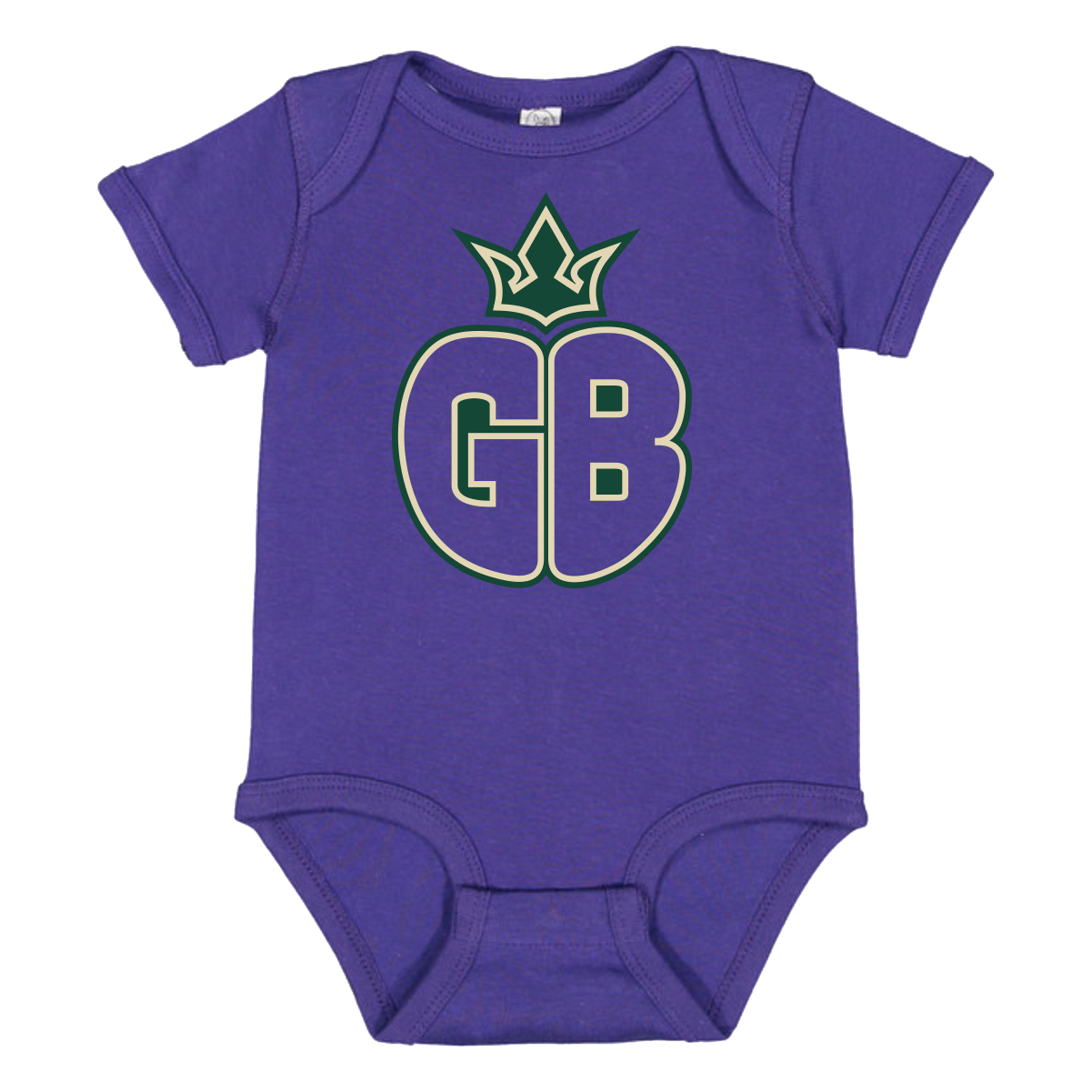 Purple baby onesie with a green and beige graphic of the letters GB topped with a crown on the front